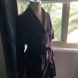 Vintage Corduroy Shawl Collar Kimono Coat with Tie Belt Deep Plum Size ML